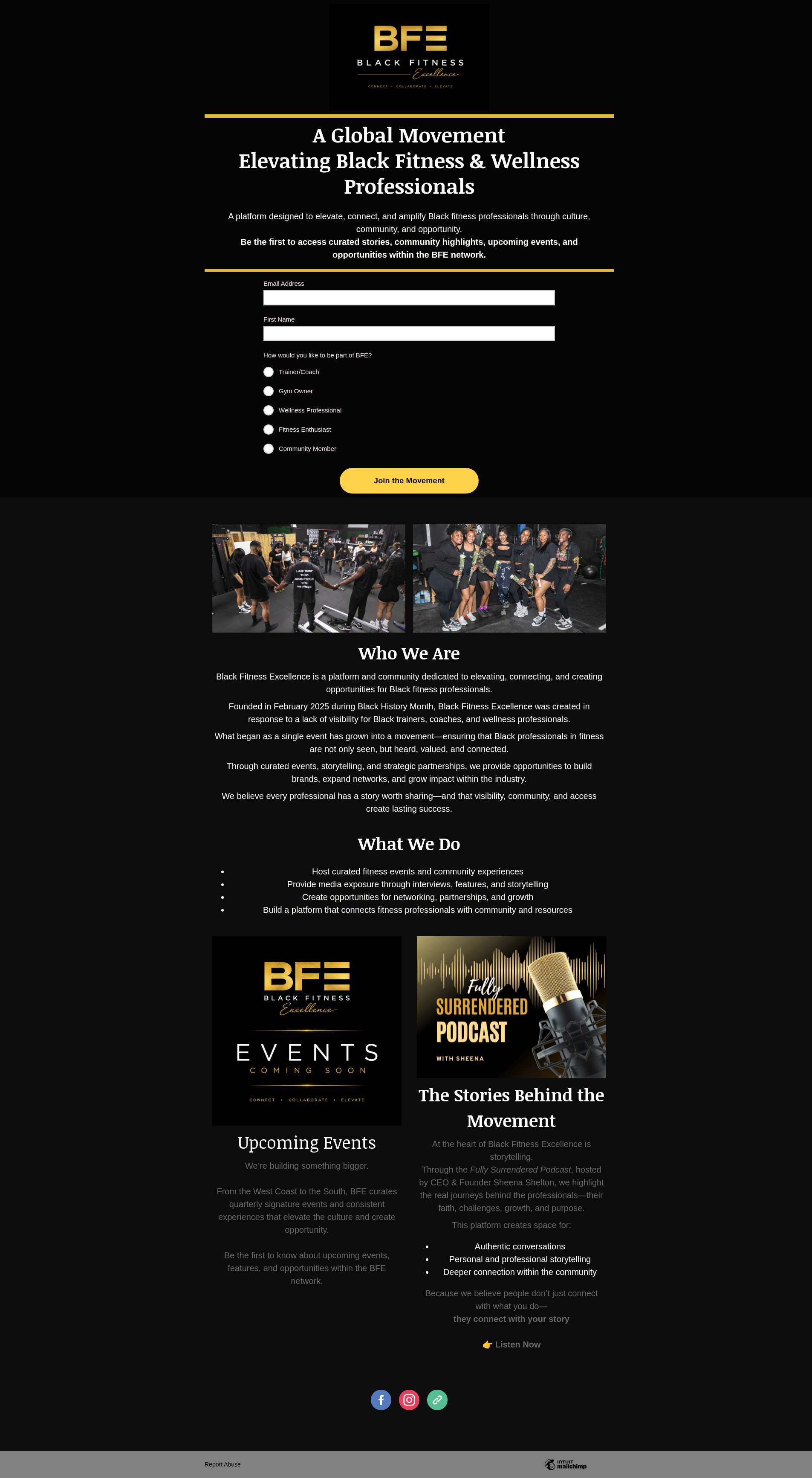 Original BFE Mailchimp landing page — full page scroll